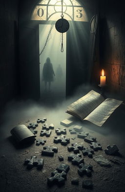A mysterious and surreal scene titled 'Cipher', set in a foggy landscape