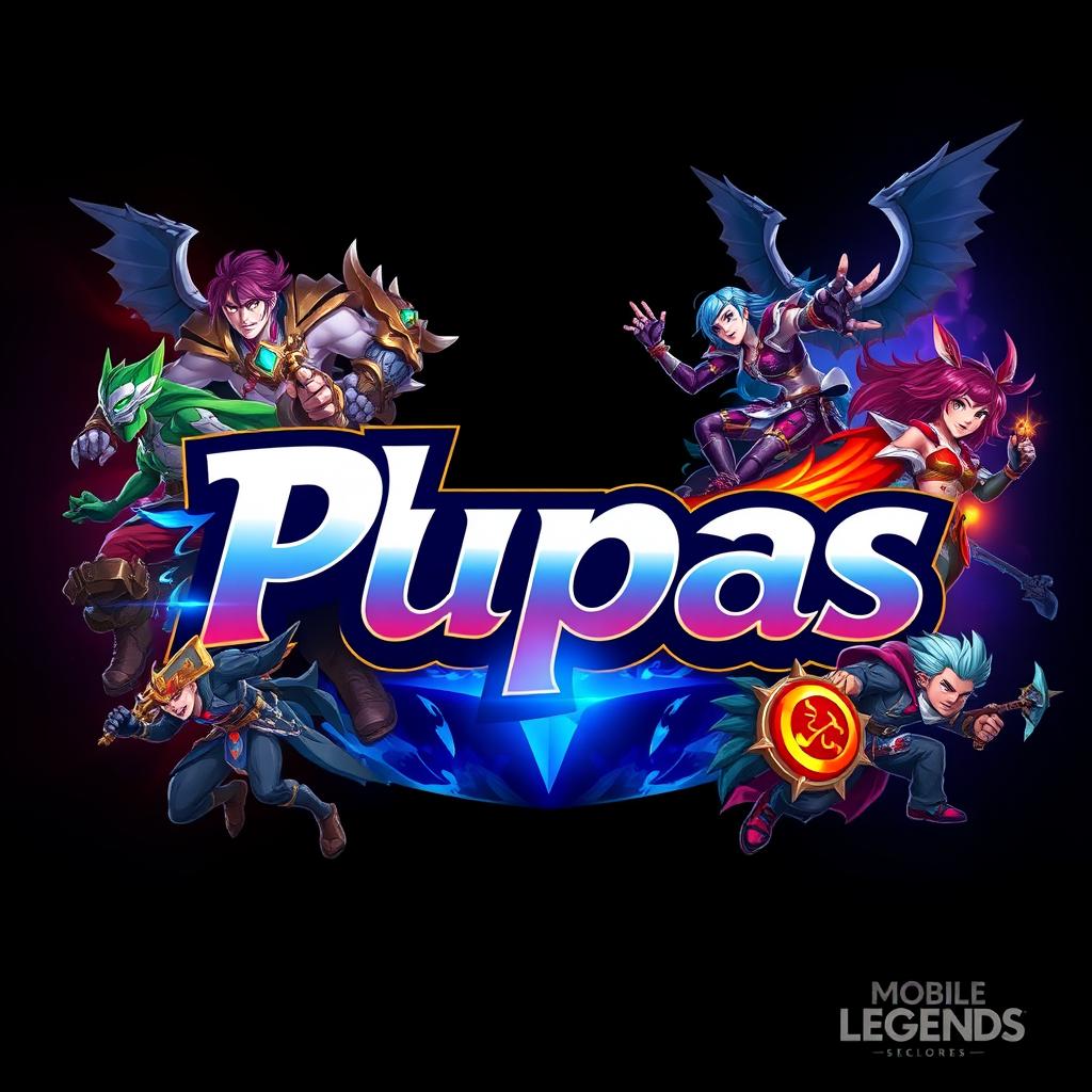 A vibrant and dynamic logo design that reads 'El Pupas' creatively integrated with elements inspired by the mobile game Mobile Legends