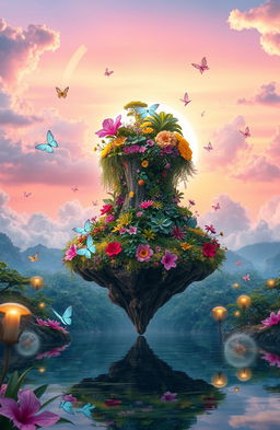 A vibrant and surreal dreamscape featuring a floating island in the sky adorned with lush, colorful vegetation and exotic flowers