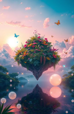 A vibrant and surreal dreamscape featuring a floating island in the sky adorned with lush, colorful vegetation and exotic flowers