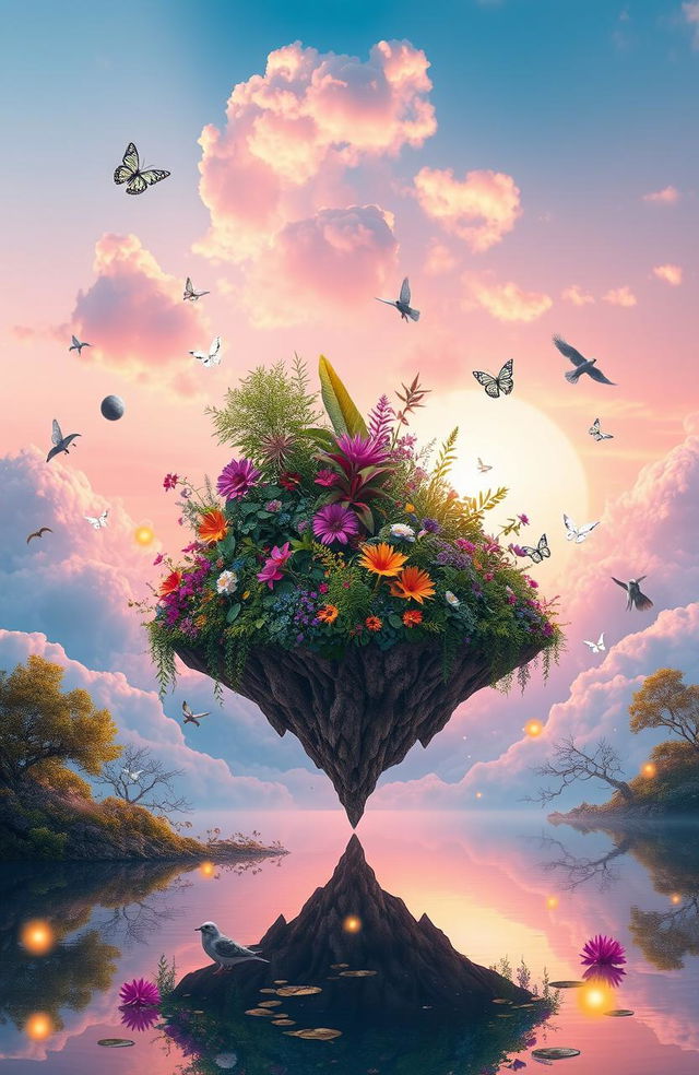 A vibrant and surreal dreamscape featuring a floating island in the sky adorned with lush, colorful vegetation and exotic flowers