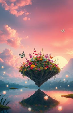 A vibrant and surreal dreamscape featuring a floating island in the sky adorned with lush, colorful vegetation and exotic flowers