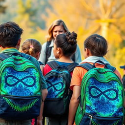 A group of young people with backpacks in an outdoor setting