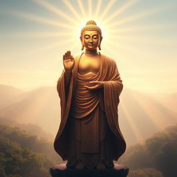 A serene and majestic depiction of a Buddha standing gracefully in soft, radiant light