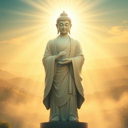 A serene and majestic depiction of a Buddha standing gracefully in soft, radiant light