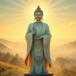 A serene and majestic depiction of a Buddha standing gracefully in soft, radiant light