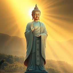 A serene and majestic depiction of a Buddha standing gracefully in soft, radiant light