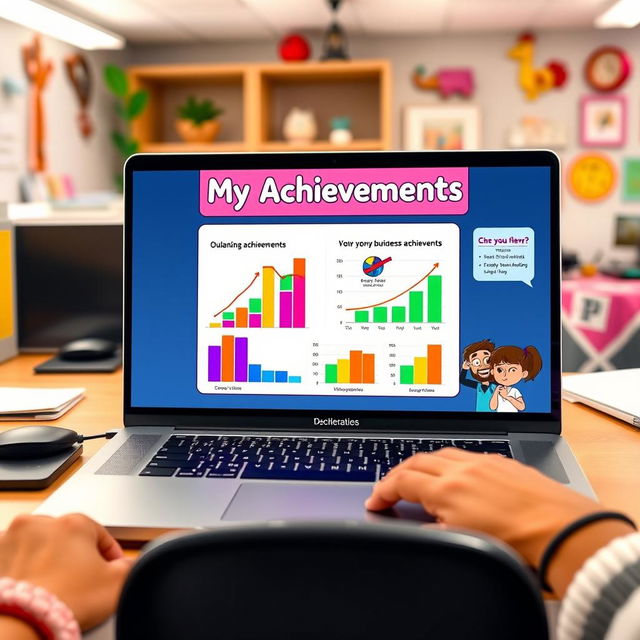 A funny and exaggerated business presentation displayed on a laptop screen, showcasing colorful and vibrant charts that depict amusing and outlandish achievements