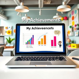 A funny and exaggerated business presentation displayed on a laptop screen, showcasing colorful and vibrant charts that depict amusing and outlandish achievements