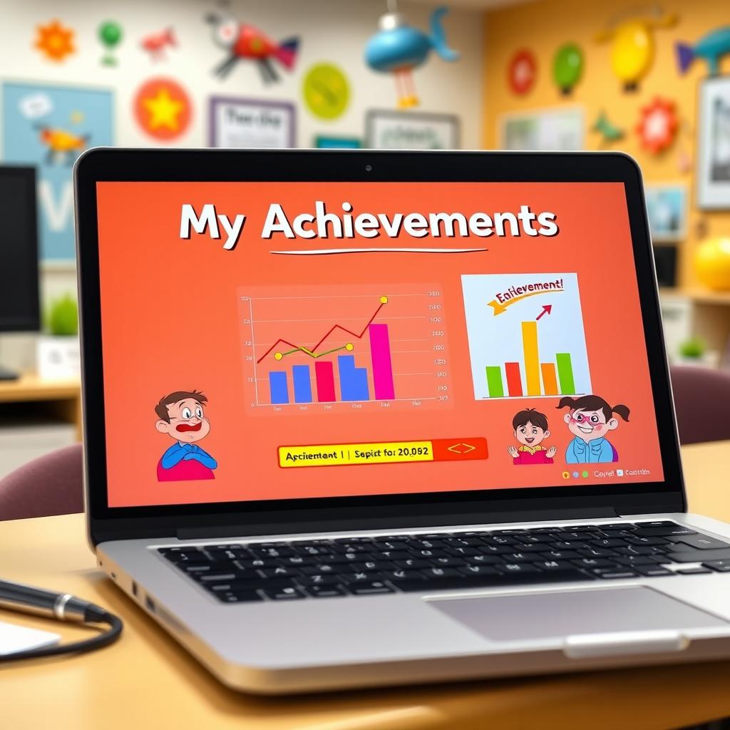 A funny and exaggerated business presentation displayed on a laptop screen, showcasing colorful and vibrant charts that depict amusing and outlandish achievements