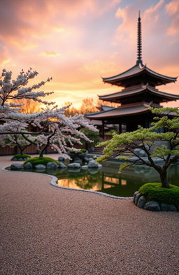 An aesthetic scene showcasing a serene sunrise over a peaceful Japanese Zen garden