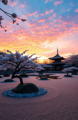 An aesthetic scene showcasing a serene sunrise over a peaceful Japanese Zen garden