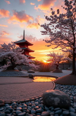 An aesthetic scene showcasing a serene sunrise over a peaceful Japanese Zen garden