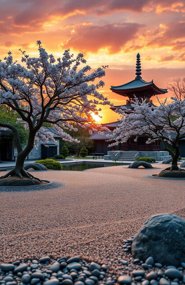 An aesthetic scene showcasing a serene sunrise over a peaceful Japanese Zen garden