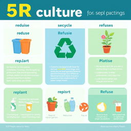 A visually engaging poster showcasing the 5R culture (Reduce, Reuse, Recycle, Replant, and Refuse) along with SOP (Standard Operating Procedure) concepts, with vibrant illustrations representing each aspect of 5R