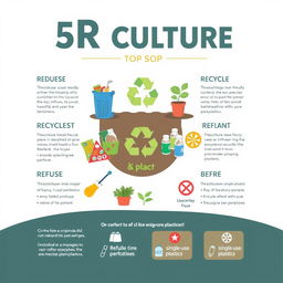 A visually engaging poster showcasing the 5R culture (Reduce, Reuse, Recycle, Replant, and Refuse) along with SOP (Standard Operating Procedure) concepts, with vibrant illustrations representing each aspect of 5R