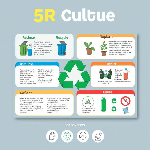 A visually engaging poster showcasing the 5R culture (Reduce, Reuse, Recycle, Replant, and Refuse) along with SOP (Standard Operating Procedure) concepts, with vibrant illustrations representing each aspect of 5R