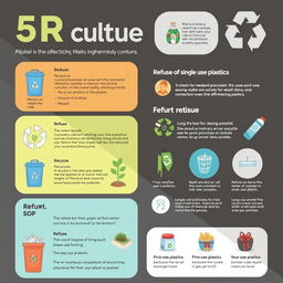 A visually engaging poster showcasing the 5R culture (Reduce, Reuse, Recycle, Replant, and Refuse) along with SOP (Standard Operating Procedure) concepts, with vibrant illustrations representing each aspect of 5R