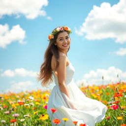 A young woman standing in a sunlit meadow filled with vibrant wildflowers, wearing a flowing white dress that gently sways in the breeze