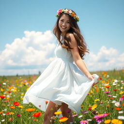 A young woman standing in a sunlit meadow filled with vibrant wildflowers, wearing a flowing white dress that gently sways in the breeze