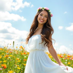 A young woman standing in a sunlit meadow filled with vibrant wildflowers, wearing a flowing white dress that gently sways in the breeze