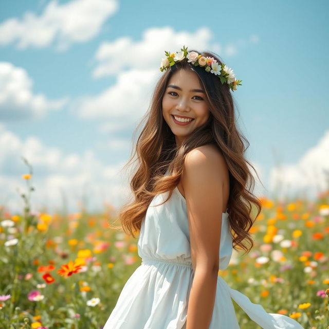 A young woman standing in a sunlit meadow filled with vibrant wildflowers, wearing a flowing white dress that gently sways in the breeze