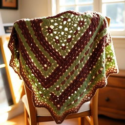A beautifully handcrafted crochet granny stitch shawl designed in an intricate pattern, showcasing rich tones of brown and green