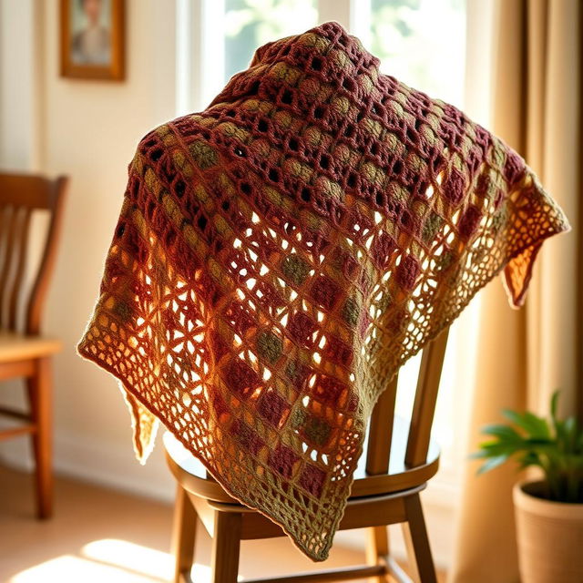 A beautifully handcrafted crochet granny stitch shawl designed in an intricate pattern, showcasing rich tones of brown and green