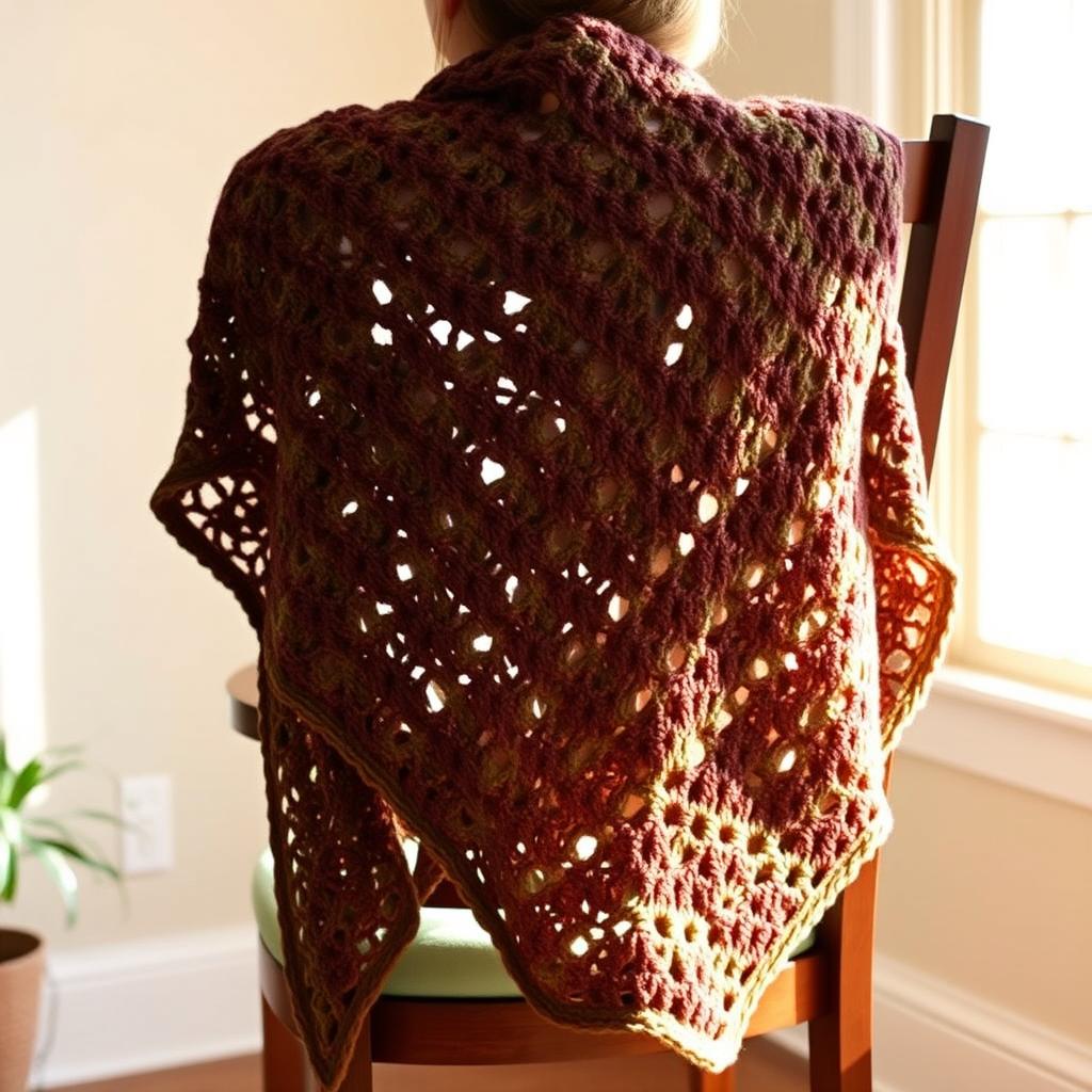 A beautifully handcrafted crochet granny stitch shawl designed in an intricate pattern, showcasing rich tones of brown and green