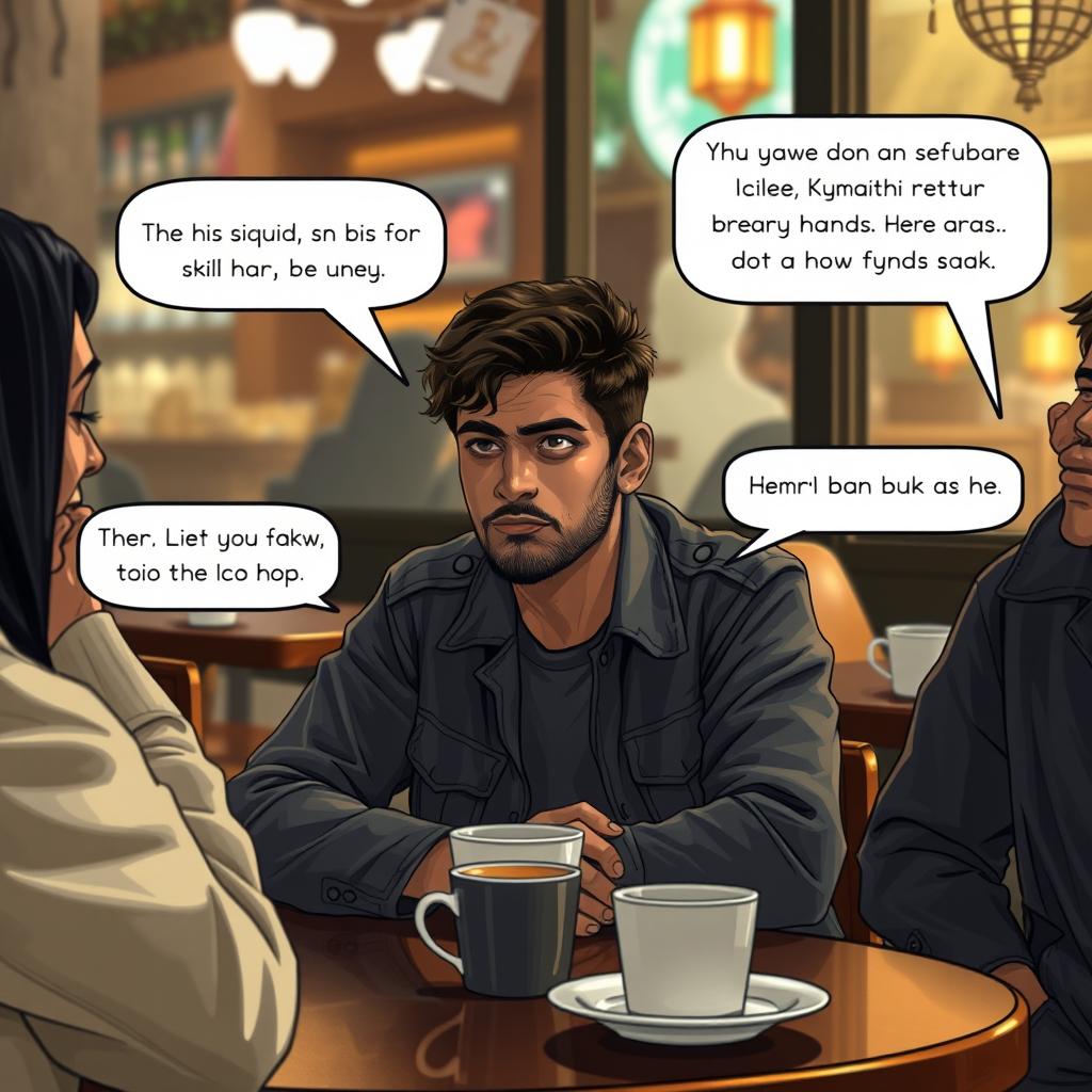 A poignant scene depicting a thoughtful young man named Ahmed, sitting at a café table, looking reflective and a bit somber as he interacts with his friends