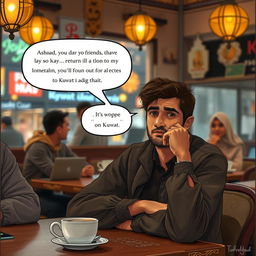 A poignant scene depicting a thoughtful young man named Ahmed, sitting at a café table, looking reflective and a bit somber as he interacts with his friends