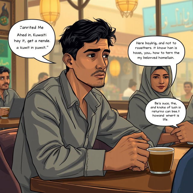 A poignant scene depicting a thoughtful young man named Ahmed, sitting at a café table, looking reflective and a bit somber as he interacts with his friends