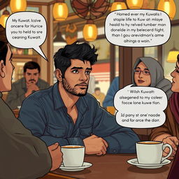 A poignant scene depicting a thoughtful young man named Ahmed, sitting at a café table, looking reflective and a bit somber as he interacts with his friends