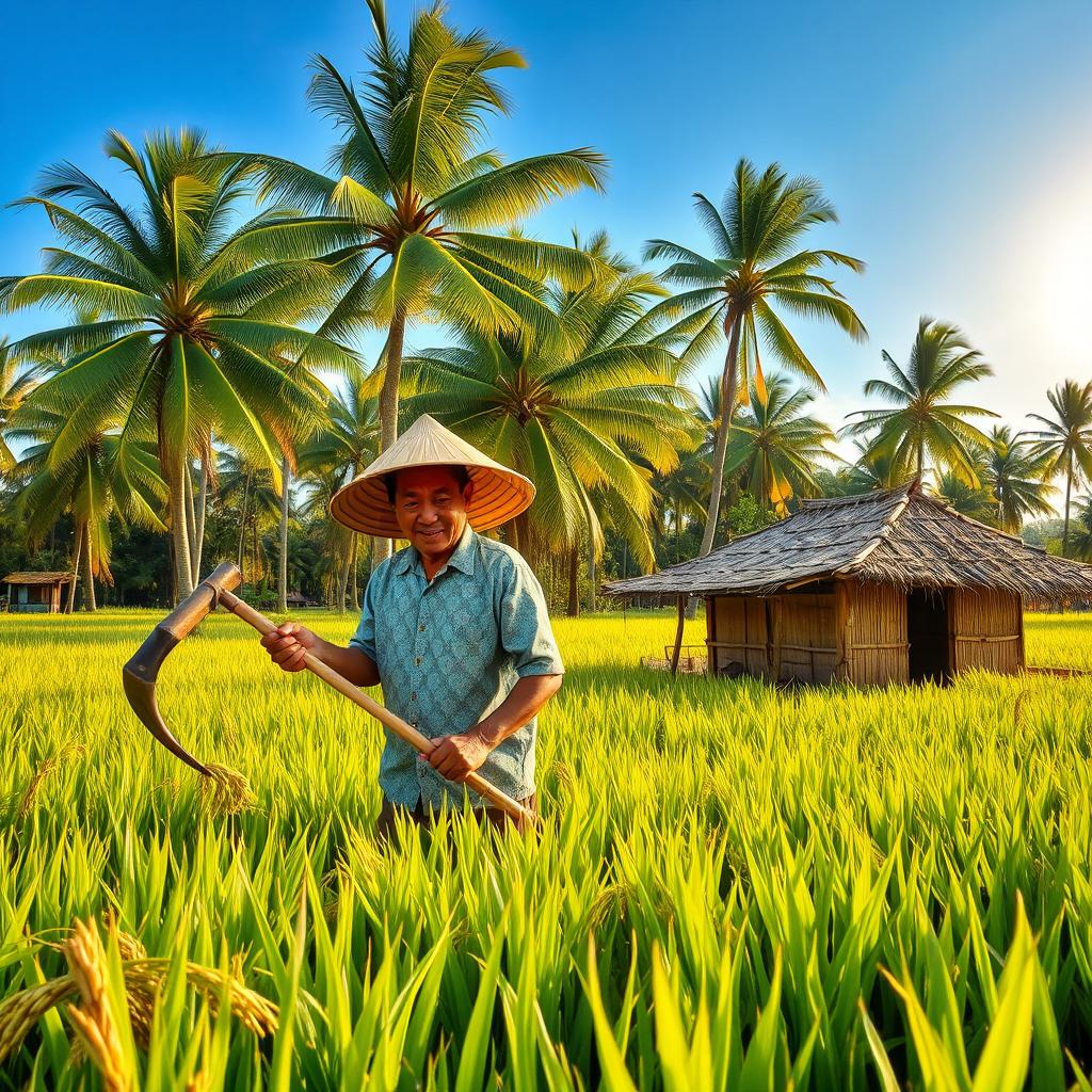 A Filipino farmer working diligently in a lush green rice field, wearing a traditional barong Tagalog shirt and a woven straw hat