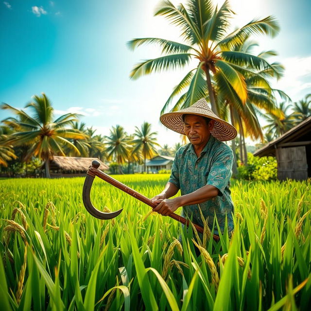 A Filipino farmer working diligently in a lush green rice field, wearing a traditional barong Tagalog shirt and a woven straw hat