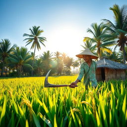 A Filipino farmer working diligently in a lush green rice field, wearing a traditional barong Tagalog shirt and a woven straw hat