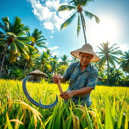 A Filipino farmer working diligently in a lush green rice field, wearing a traditional barong Tagalog shirt and a woven straw hat