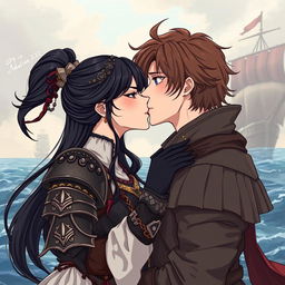 An illustration in manhwa style featuring a romantic scene of a couple kissing