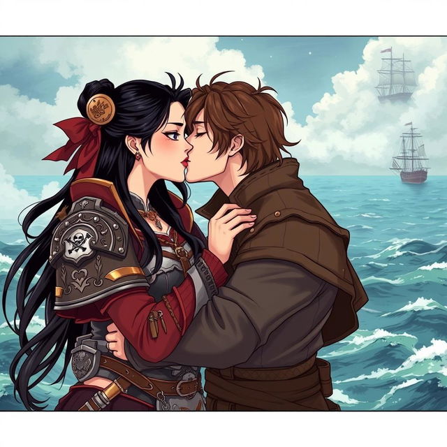 An illustration in manhwa style featuring a romantic scene of a couple kissing