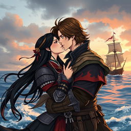 An illustration in manhwa style featuring a romantic scene of a couple kissing