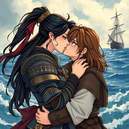 An illustration in manhwa style featuring a romantic scene of a couple kissing