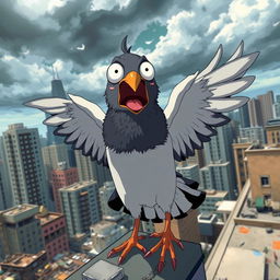 An anime-style human-like pigeon in a state of panic, with exaggerated facial expressions and wide eyes conveying shock