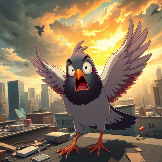 An anime-style human-like pigeon in a state of panic, with exaggerated facial expressions and wide eyes conveying shock