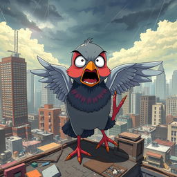 An anime-style human-like pigeon in a state of panic, with exaggerated facial expressions and wide eyes conveying shock