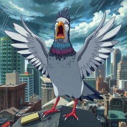 An anime-style human-like pigeon in a state of panic, with exaggerated facial expressions and wide eyes conveying shock