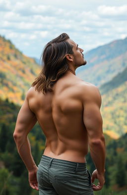A fit, tanned man with long hair cascading down to his shoulders, standing in a valley with a vibrant, lively forest surrounding him