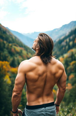 A fit, tanned man with long hair cascading down to his shoulders, standing in a valley with a vibrant, lively forest surrounding him