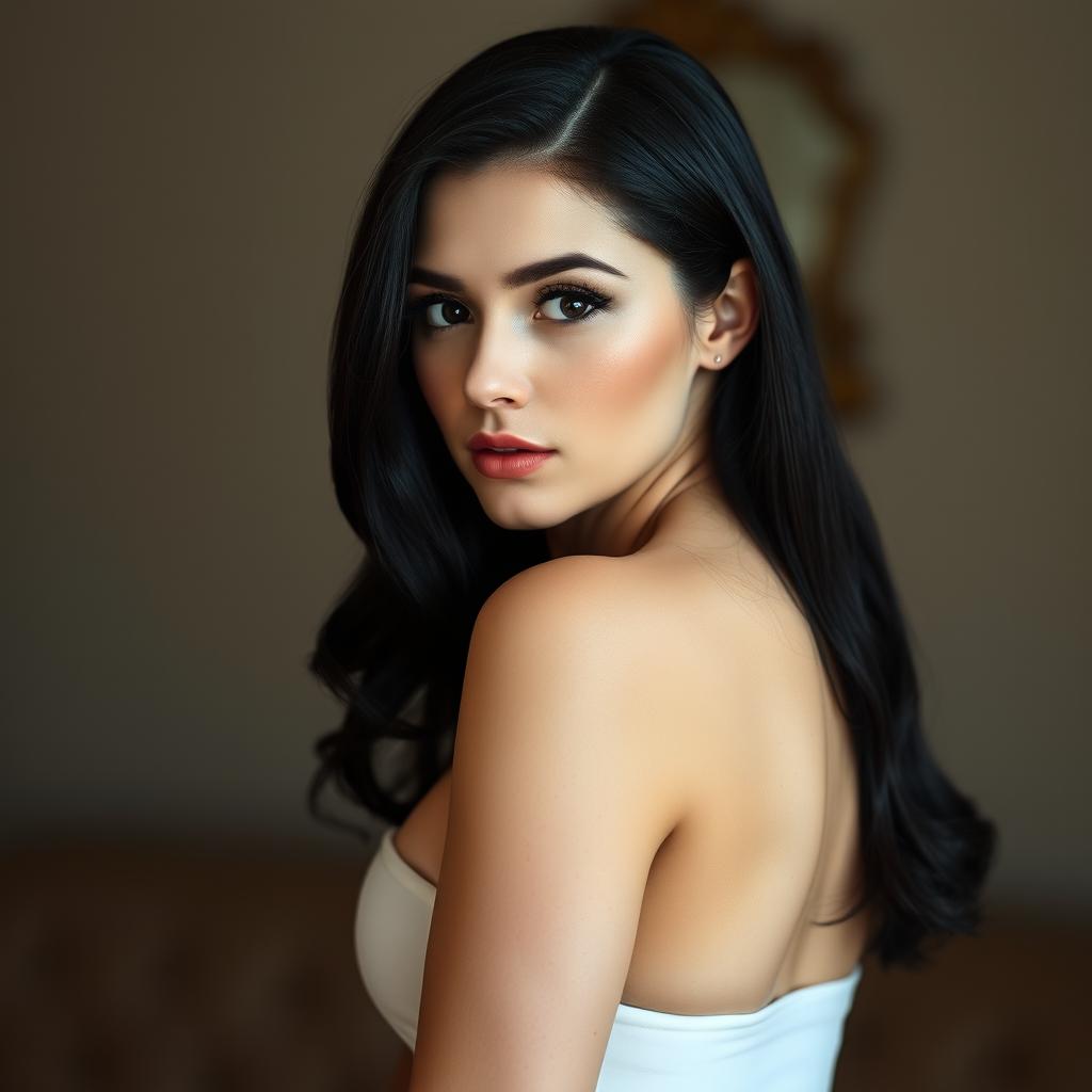 A beautiful white-skinned woman with striking black eyes and smooth, soft, shoulder-length black hair