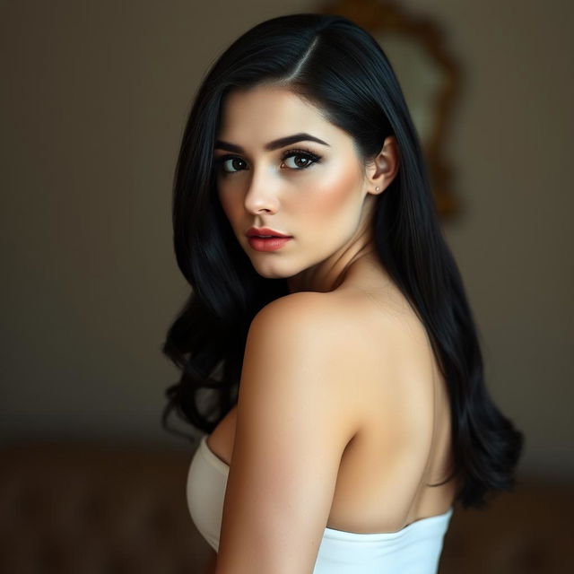 A beautiful white-skinned woman with striking black eyes and smooth, soft, shoulder-length black hair