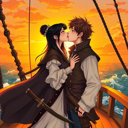 An illustration in manhwa style featuring a couple in a romantic kiss